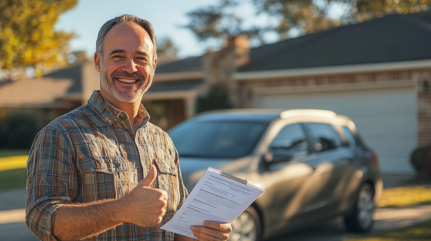Satisfied auto insurance customer standing outside car giving thumbs-up