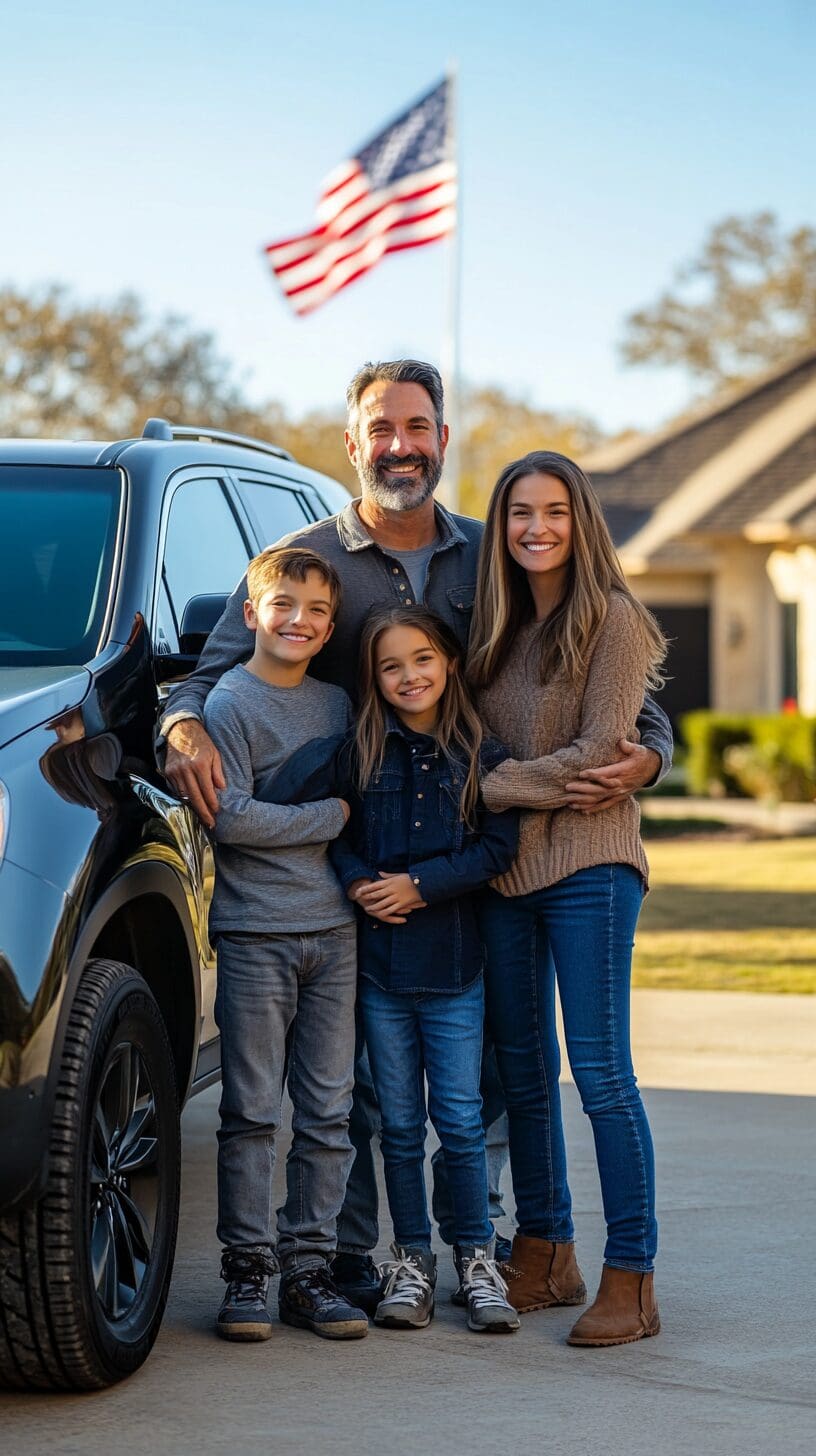 Smiling Texas family next to their SUV with a suburban neighborhood in the background